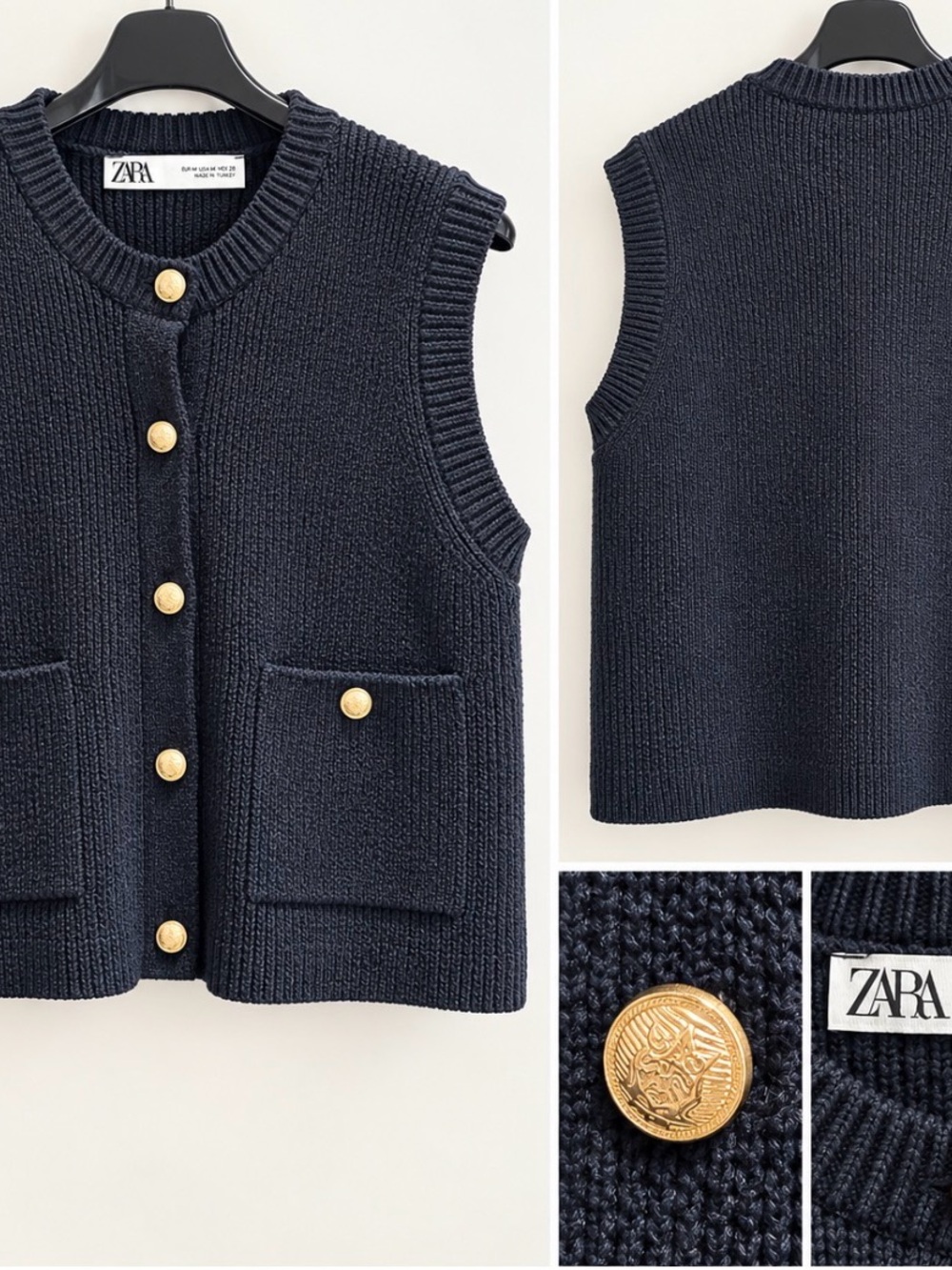 ZARA Navy Sleeveless Knit Vest with Gold Buttons